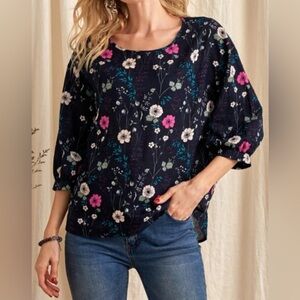 Emery Rose Navy Floral Puff-Sleeve Top - Navy/Pink Size XXL NWT